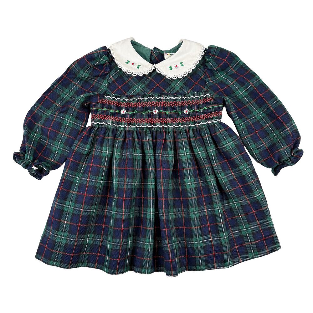 VTG Baby Togs Smocked Plaid Dress Toddler Girls 24M Green Navy Holiday Photos